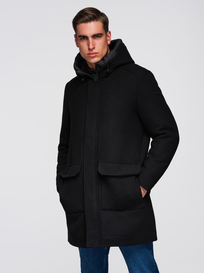 Men's insulated coat with hood and concealed zipper - black V1 OM-COWC-0110