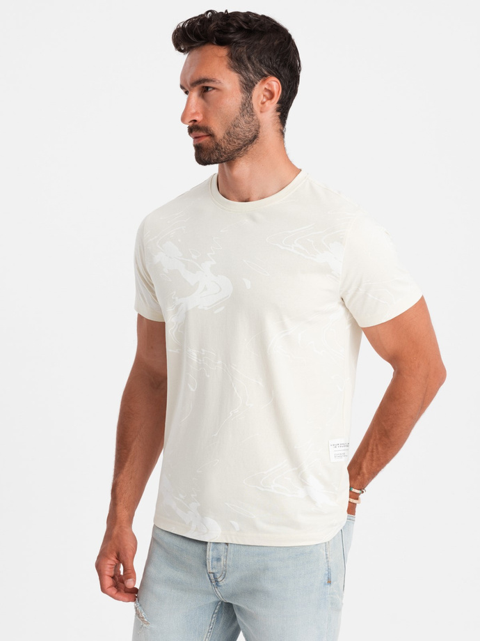 Męski bawełniany t-shirt z abstrakcyjnym printem – kremowy V7 OM-TSFP-0184