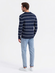Men's horizontal striped polo longsleeve with viscose - navy blue and white V1 OM-POLS-0146
