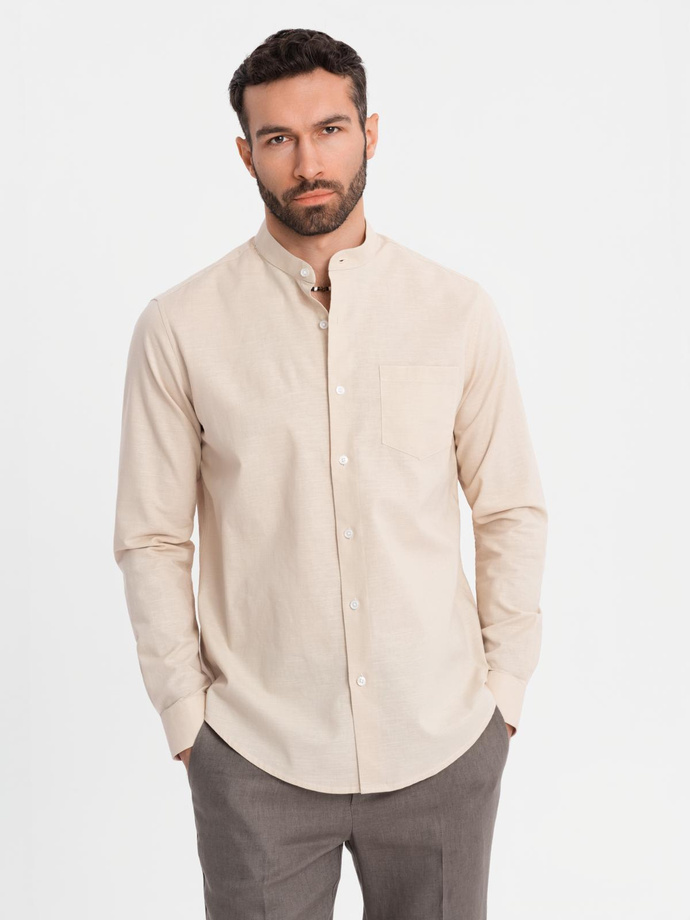 Men's linen shirt with collar and pocket REGULAR FIT - cream V3 OM-SHCS-0161