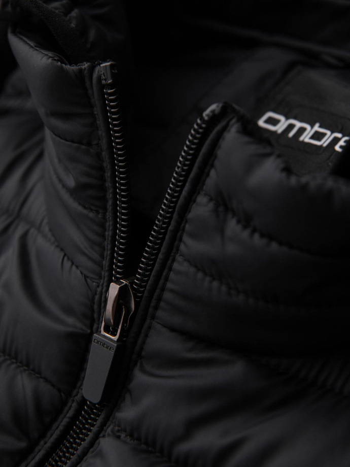 Men's quilted jacket with high zipped hood - black V1 OM-JAHP-0238
