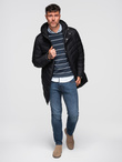 Men's quilted jacket with combined materials and hood - navy blue V3 OM-JALJ-0266