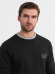 Men's cotton longsleeve with striped U neckline and embroidery - black V4 OM-LSCL-0128
