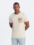 Men's cotton t-shirt with letter print and pocket - cream and brown V1 OM-TSFP-0188