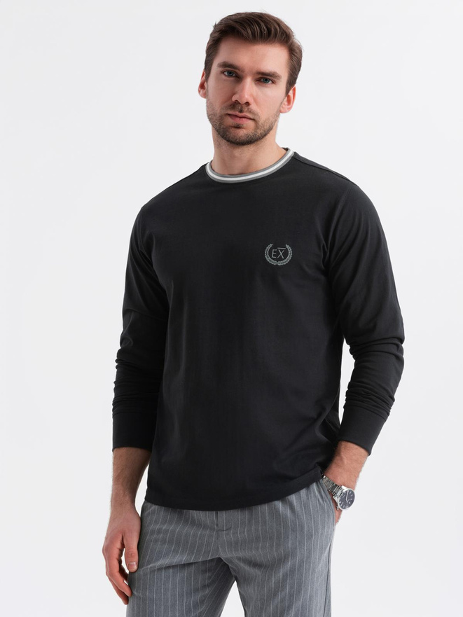 Bawełniany longsleeve męski z dekoltem U w paski i haftem – czarny V4 OM-LSCL-0128