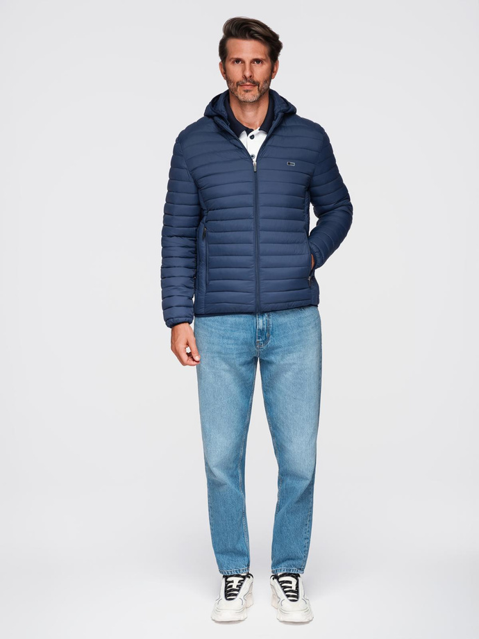 Men's quilted jacket with high zipped hood - black V1 OM-JAHP-0238