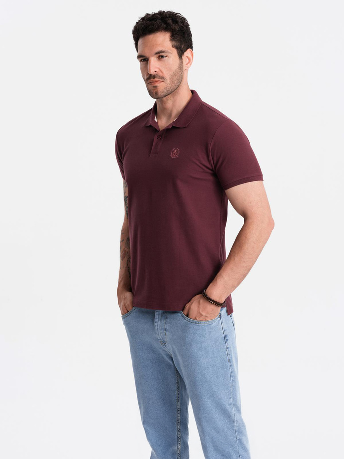 Męska jednokolorowa koszulka polo BASIC z dzianiny pique - bordowa V10 OM-POBS-0100