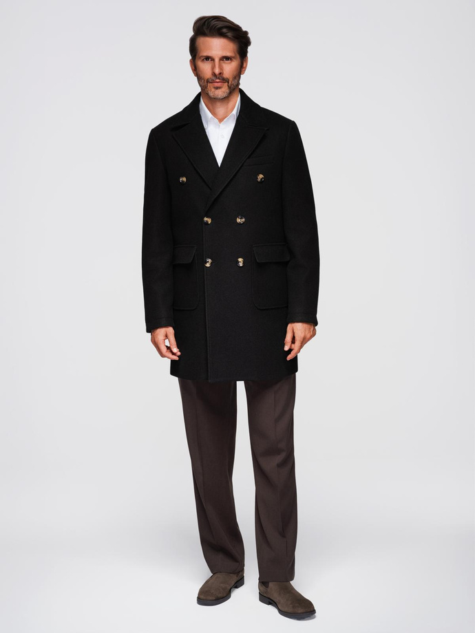 Men's coat with asymmetrical fastening and high collar - light brown V4 OM-COWC-0120