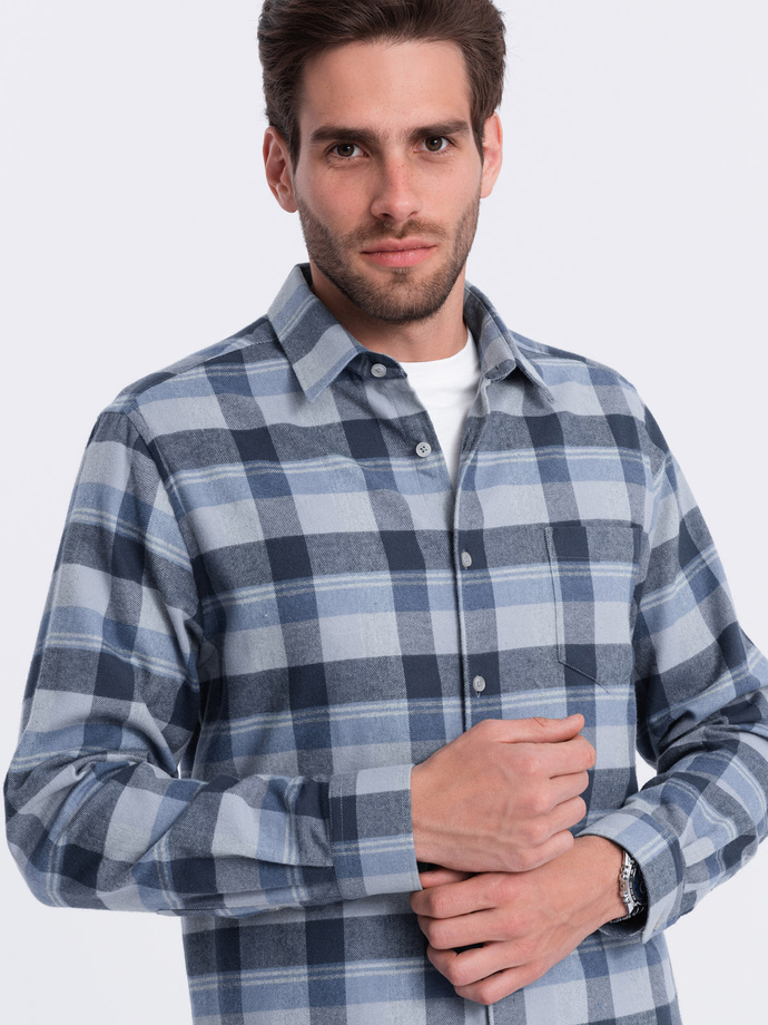 Flanelowa koszula męska w kratę - niebiesko-szara V1 OM-SHCS-0150