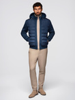 Quilted bomber jacket with hood and knitted sleeves - navy blue V2 OM-JALP-0298