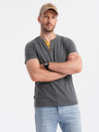 Men's t-shirt with round henley neckline - dark grey V6 OM-TSCT-0155