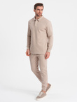 Komplet męski dresowy bluza z kołnierzem polo + spodnie - beżowy V2 Z71