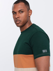 Men's tricolor T-shirt with wide stripes - green and beige V4 OM-TSCT-0152