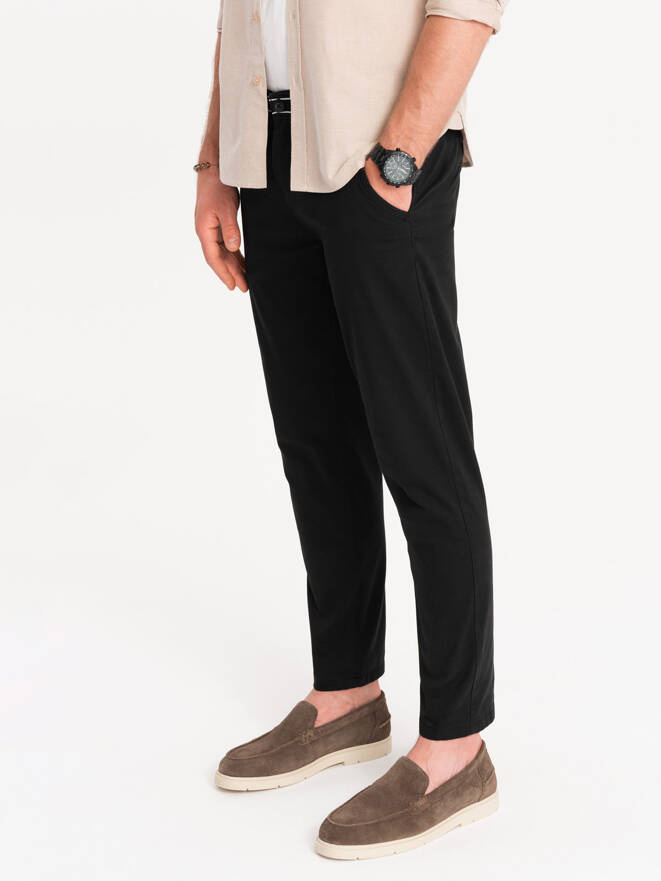 Spodnie męskie chino z ozdobną taśmą w pasie SLIM FIT – czarne V1 OM-PACP-0118