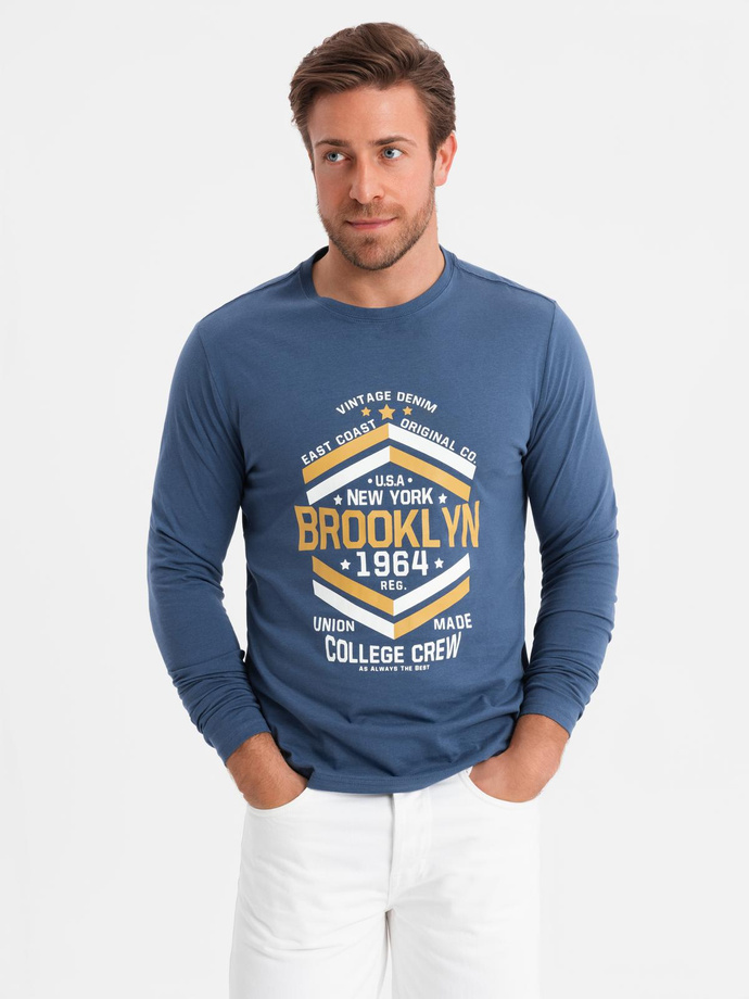 Longsleeve męski z nadrukiem w stylu collegowym - niebieski V2 OM-LSPT-0117