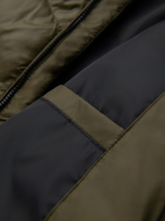 Men's quilted winter jacket with combined materials - dark olive green V3 OM-JAHP-0145