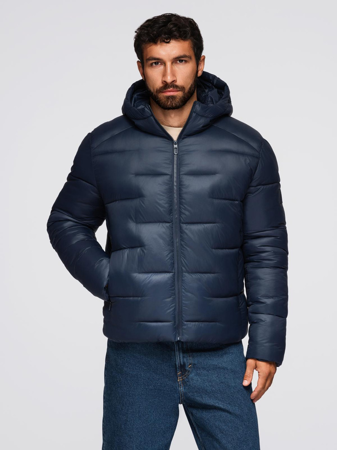 Men's quilted puffer jacket with hood - navy blue V4 OM-JAHP-0235
