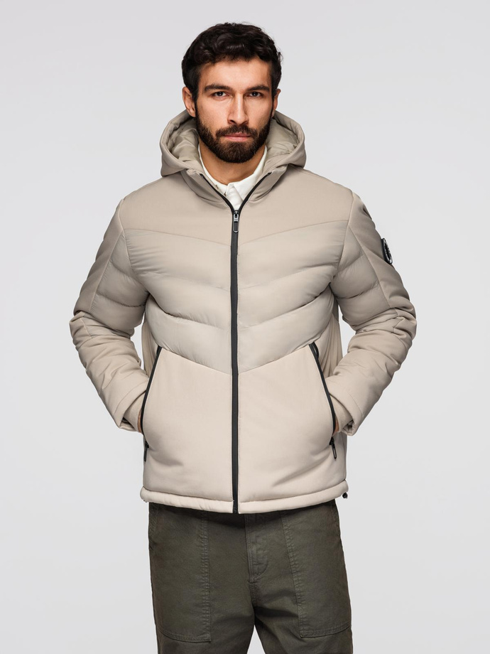 Kurtka męska pikowana z łączonych materiałów z wysokim kołnierzem – beżowa V4 OM-JALP-0172
