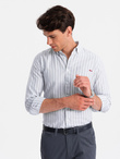 Men's REGULAR FIT shirt in white stripes with pocket - grey V1 OM-SHOS-0171