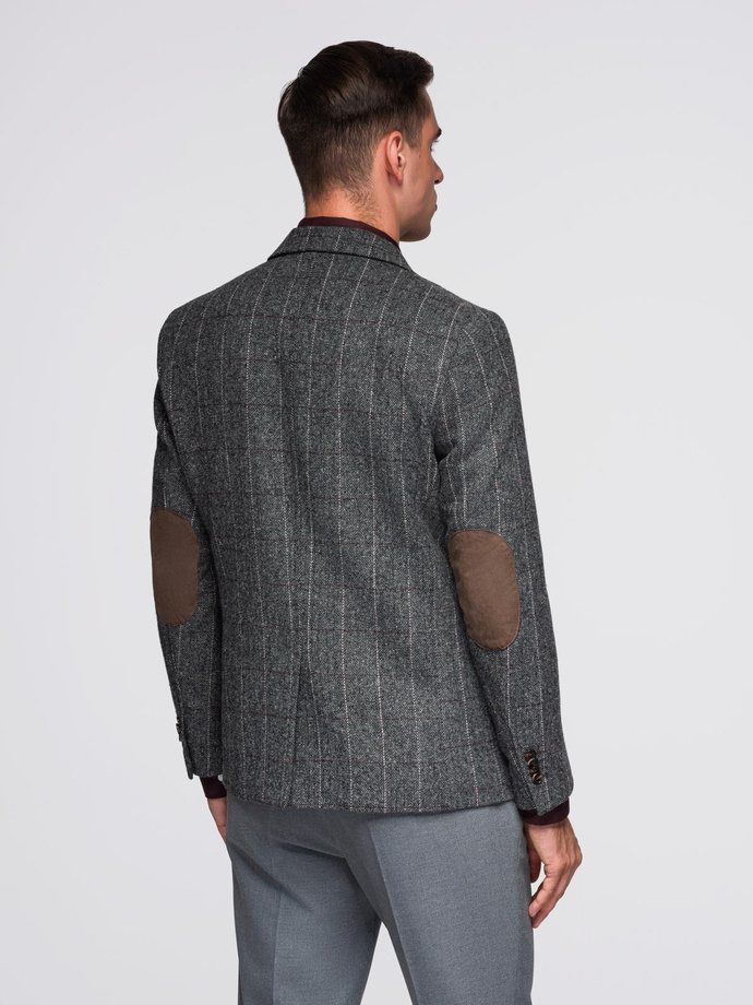Elegancka męska marynarka w kratkę z domieszką wełny – szara V1 OM-BLZB-0137