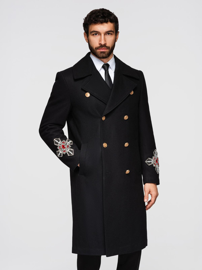 Men's double-breasted coat with wool and bead appliqués on sleeves - black V1 OM-COWC-0148