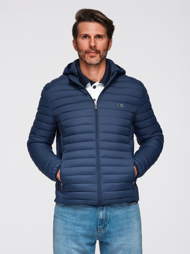 Classic men's quilted jacket with pouch option - navy blue V1 OM-JALP-0295