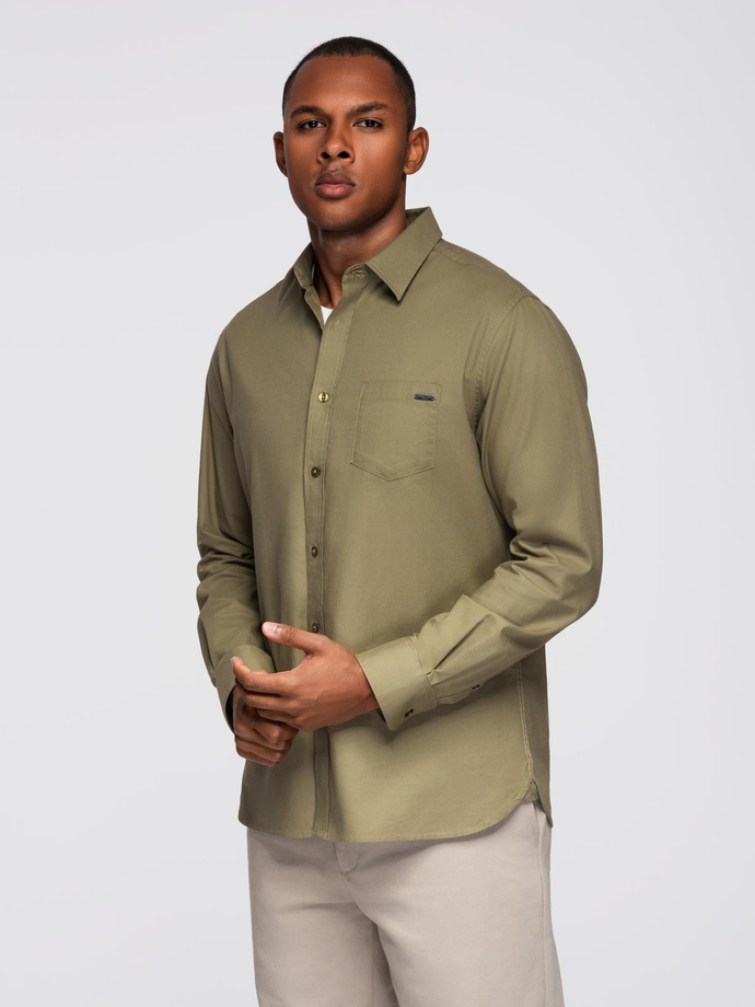 Men's cotton shirt with pocket REGULAR FIT - olive V2 OM-SHCS-0147