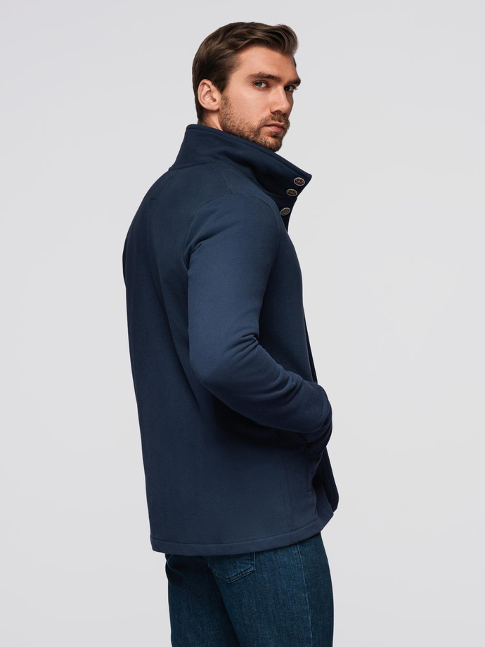 Washed men's sweatshirt with decorative stitching at the neckline - navy blue V4 OM-SSDS-0131