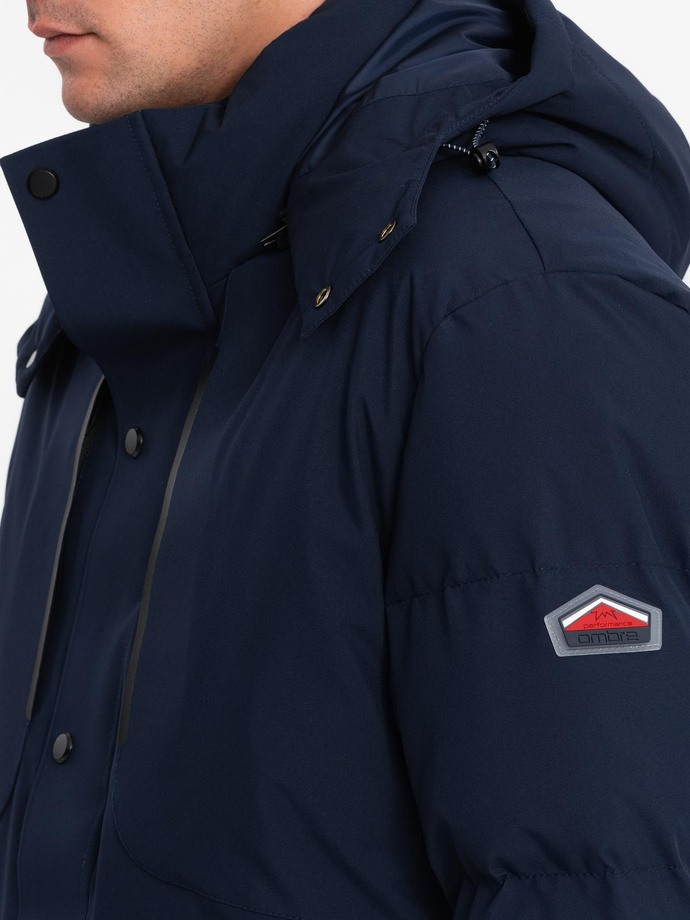Men's winter jacket with detachable hood made of waterproof material - navy blue V1 OM-JAHP-0306