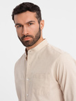 Men's linen shirt with collar and pocket REGULAR FIT - cream V3 OM-SHCS-0161