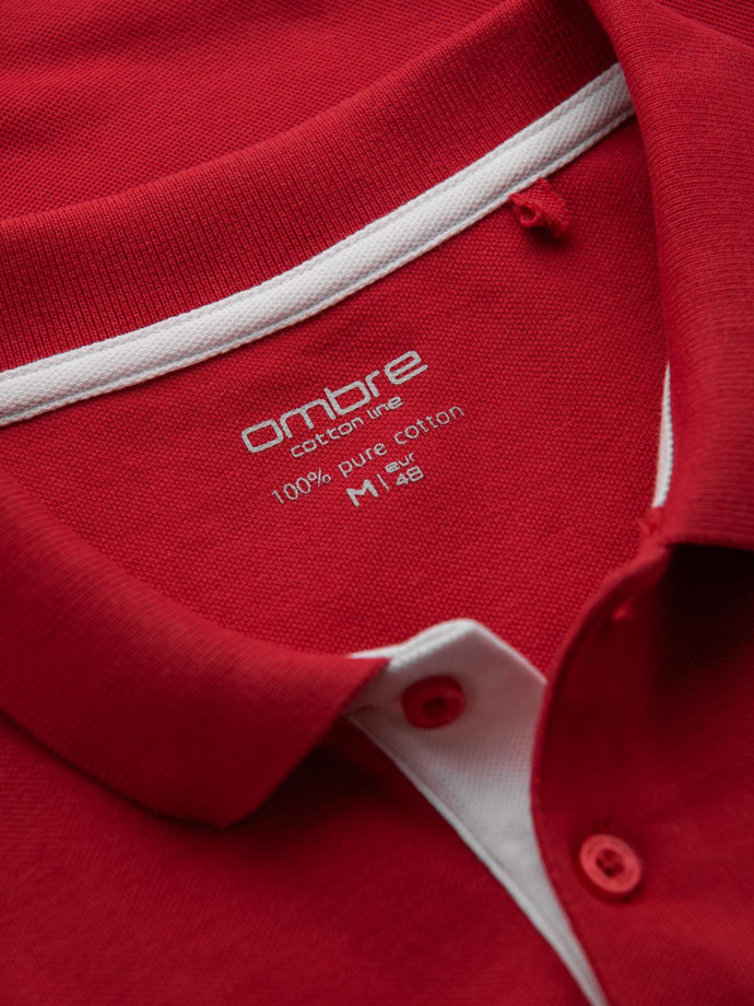 Men's cotton polo shirt with contrast trim - red V2 OM-POSS-0113