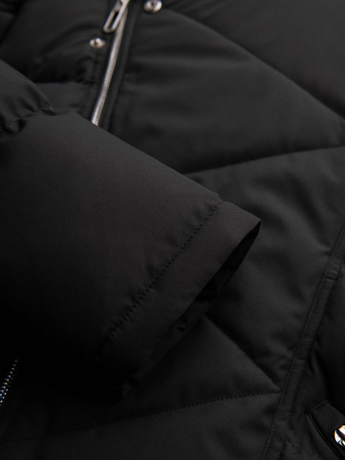 Kurtka pikowana męska o kroju ramoneski z kapturem - czarna V1 OM-JAHP-0252