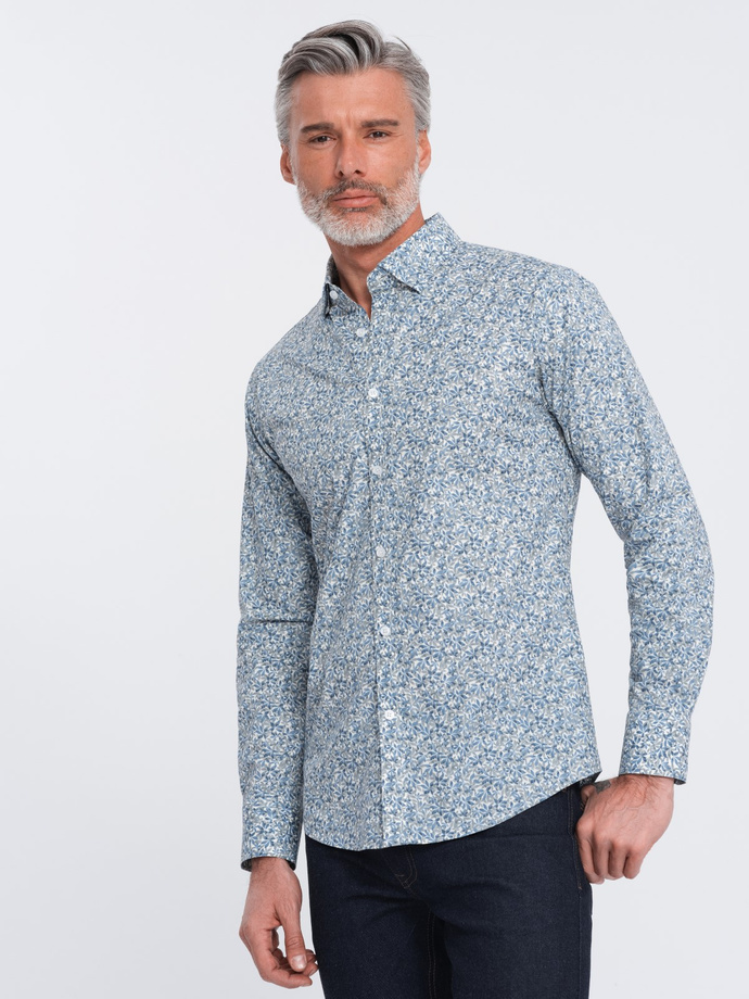 Men's SLIM FIT shirt in small leaf print - light blue V1 OM-SHPS-0163