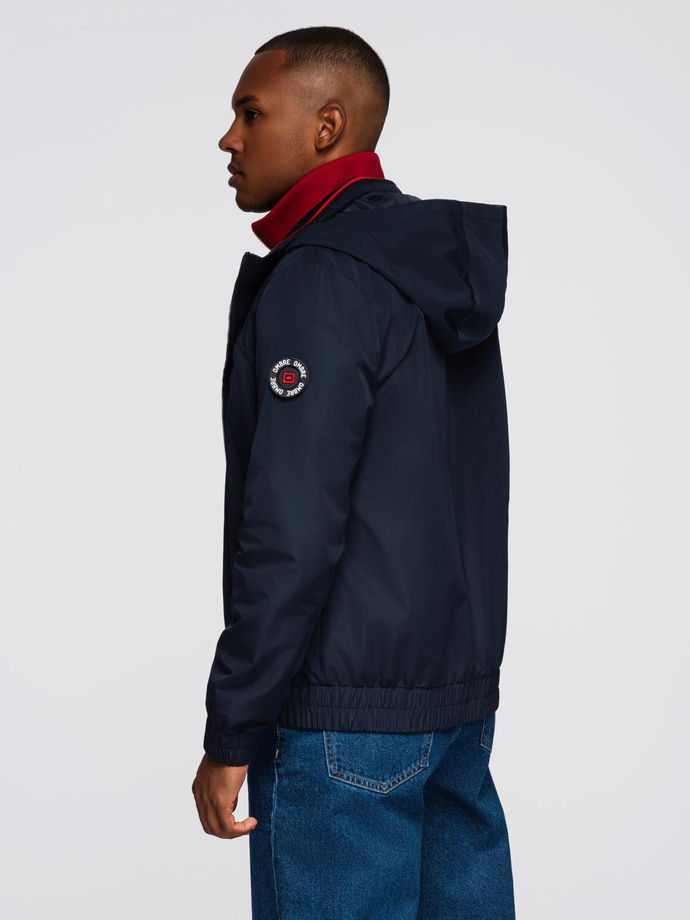 Men's jacket with hood and high collar - navy blue V2 OM-JANP-0222