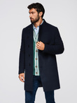 Men's coat with asymmetrical fastening and high collar - navy blue V3 OM-COWC-0141