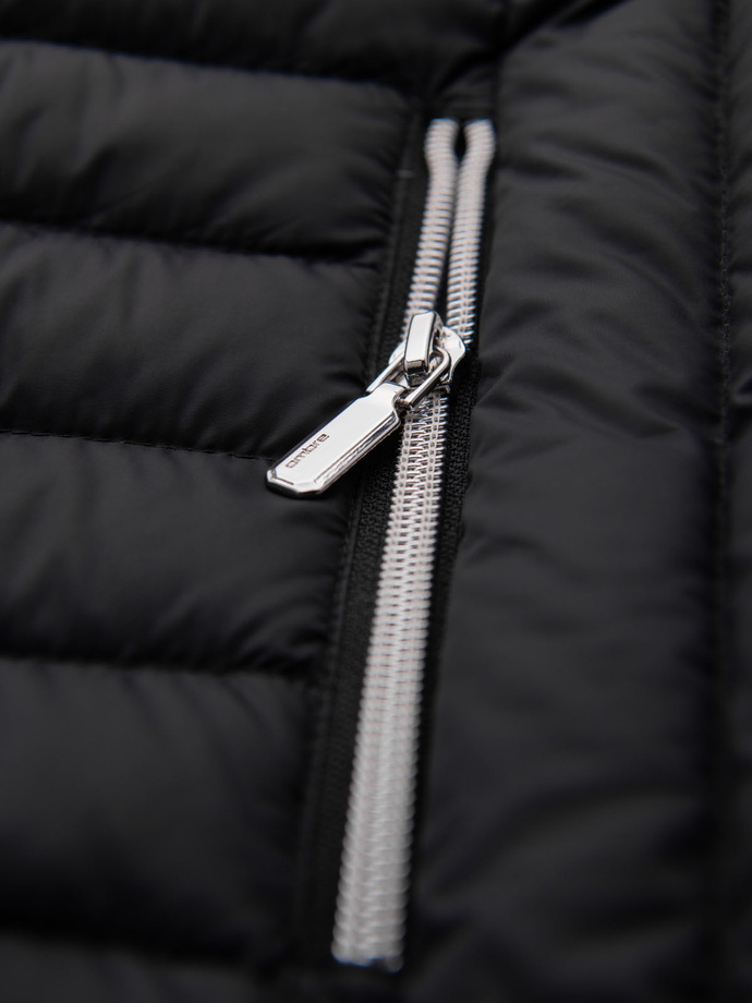 Men's quilted jacket with combined materials and hood - navy blue V3 OM-JALJ-0266
