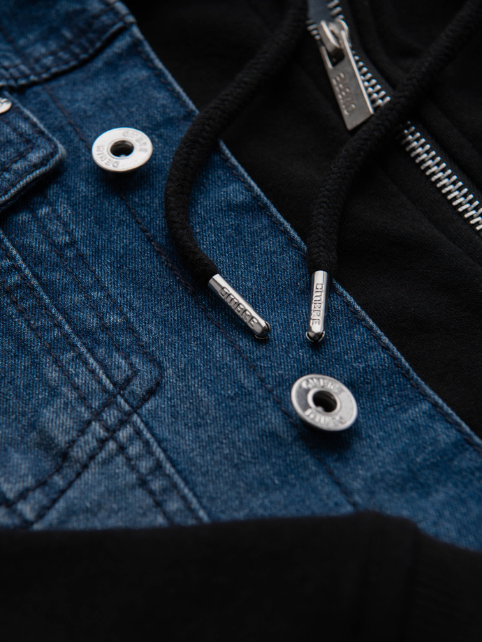 Men's denim jacket with knitted sleeves and hood - blue and black V2 OM-JADJ-0220