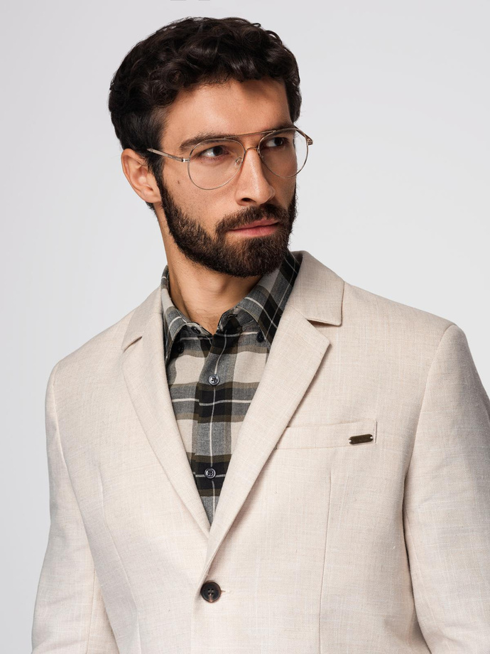 Men's REGULAR cut blazer with linen - cream V1 OM-BLZB-0128