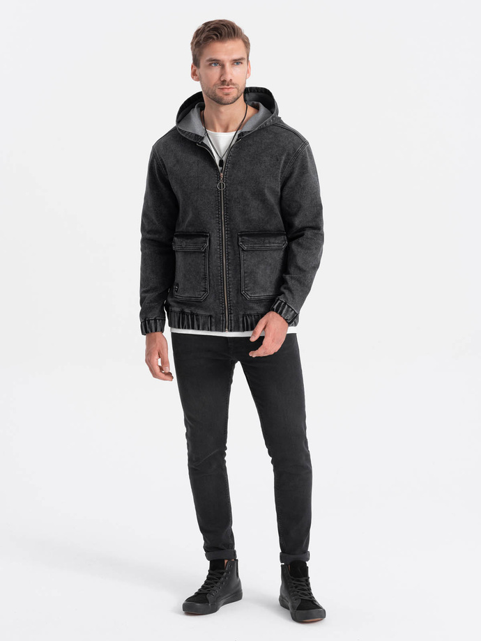 Men's denim jacket katana with cargo pockets and hood - black V4 C558