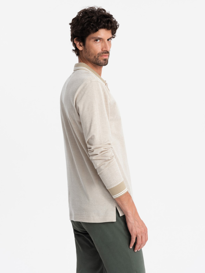 Melanżowy męski polo longsleeve z haftem – piaskowy melanż V4 OM-POLS-0129 