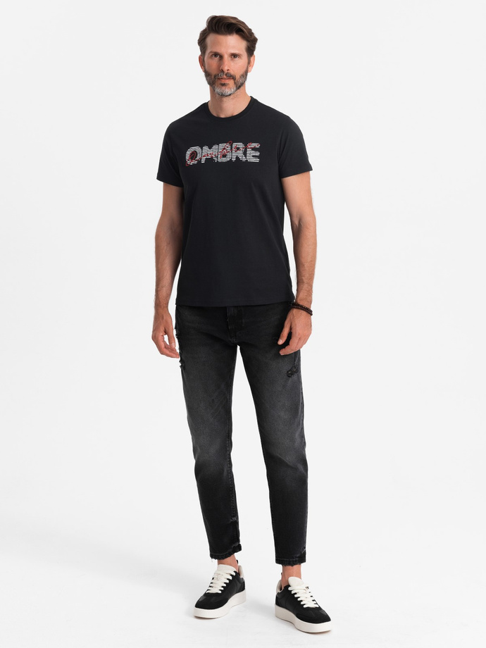 Męski bawełniany t-shirt z podwójnym printowanym logotypem – czarny V2 OM-TSPT-0211