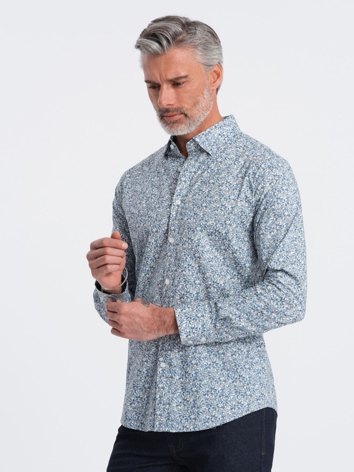 Koszula męska SLIM FIT w print drobnych liści - jasnoniebieska V1 OM-SHPS-0163
