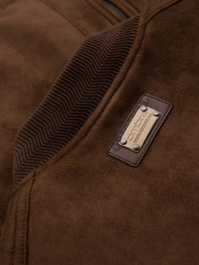 Men's imitation leather jacket with ribbed hem - dark brown V1 OM-JAFL-0109