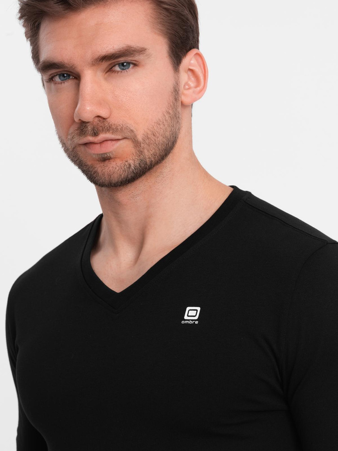 Set of men's SLIM FIT longsleeves with V neckline and logo 2-pack - mix white/black V2 Z103
