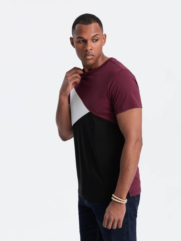 Men's cotton tricolor t-shirt - maroon and black V5 OM-TSCT-0174