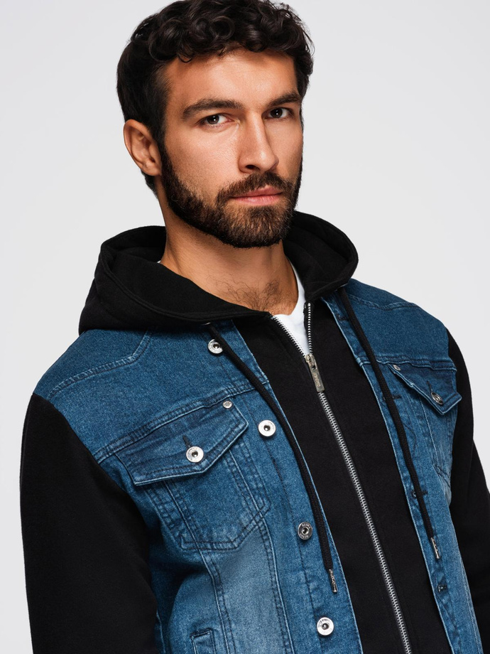 Men's denim jacket with knitted sleeves and hood - blue and black V2 OM-JADJ-0220