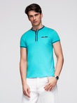 Men's henley t-shirt with decorative ribbing - turquoise V7 OM-TSCT-0175