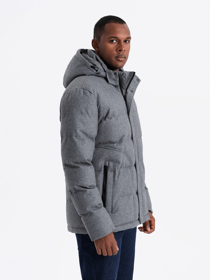 Casualowa kurtka męska puffer z wełną – szary melanż V1 OM-JAHP-0203
