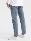 Męskie spodnie jeansowe marmurkowe z surowo wykończoną nogawką SLIM FIT - ciemnoniebieskie V4 OM-PADP-0146