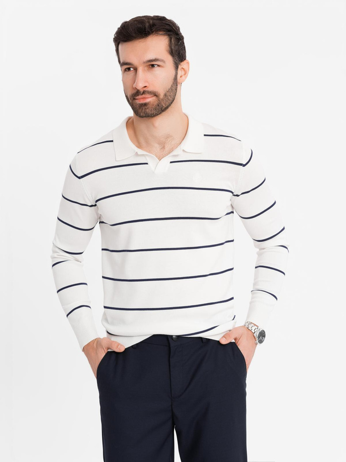Męski longsleeve polo w poziome paski z wiskozą – biało-granatowy V2 OM-POLS-0146